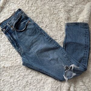 Levi's Classic 501 Distressed Blue Denim with Brown Leather Patch